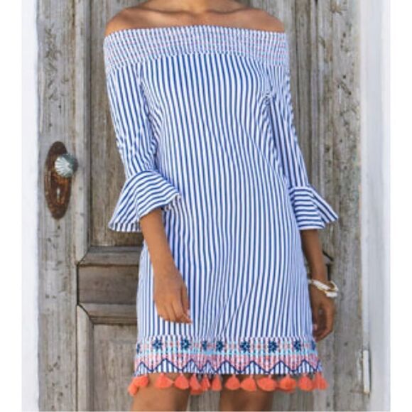 Cabana Life Women’s Navy Stripe Bell Sleeve Tassel Dress Size XL NEW - Picture 1 of 8